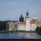 One end of the Charles Bridge - the Klementium (national library), Smetana Museum, and the St. Francis of Assisi chruch