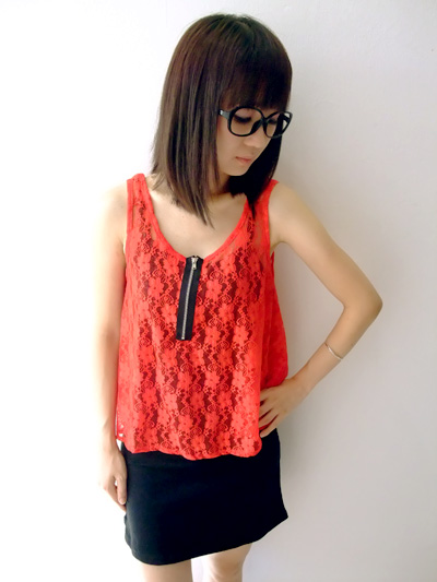 Red Lace Up red lace top with zip