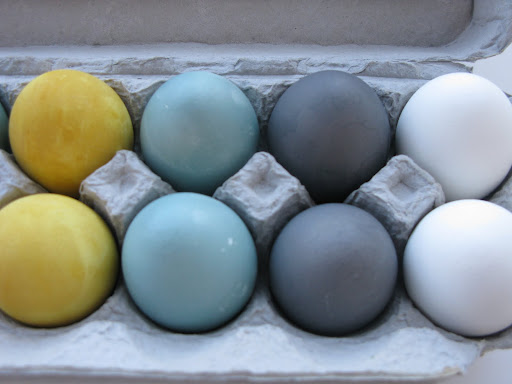 Turmeric (boiled), grape juice (boiled), and red cabbage (boiled) next to undyed eggs