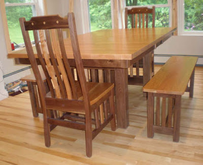 60 x 42 Mission Dining Table & Mission Chairs & Mission Benches, Cherry & Walnut Hardwood, Natural Finish