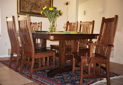 60 x 42 Trestle Dining Table & Lancaster Chairs & Trestle Benches, Oak Hardwood, Lexington Finish