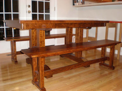 60 x 36 Trestle Dining Table & Trestle Benches, Hickory Hardwood, Sunset Finish