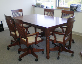 50 x 42 Mission Dining Table with added Leaves and Lancaster Swivel Chairs, Oak Hardwood, Lexington Finish