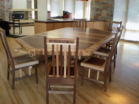 80 x 56 Custom Mixed Wood Double Border & Timber Edge Dining Table in Natural Hickory & Walnut, Bench & Raised Mission Chairs