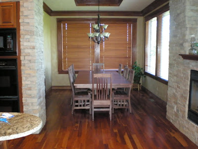 120 x 54 Trestle Table and Raised Mission Dining Chairs in Natural Walnut
