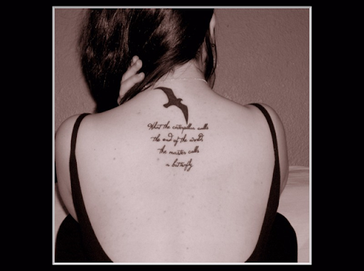 Dove Tattoo On The Back Of A Woman With Meaningful Words
