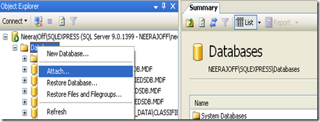 Attche the Database in SQL Server 2005