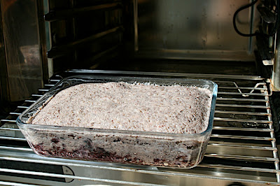 mousse de lentilles et graines de lin sur gâteau de riz violet, cuisson vapeur
