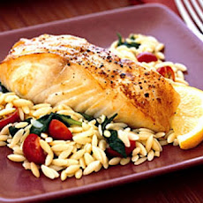 Baked Halibut with Orzo, Spinach, and Cherry Tomatoes