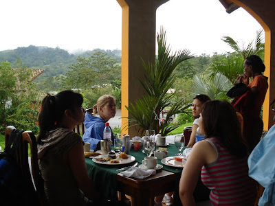This is the resort restaurant where we ate breakfast every morning during our stay at Arenal.  Breakfast in Costa Rica consists of casados (typical plate served at every meal -- spicy black beans and rice, fried plantains, fried egg, and a meat or vegetable -- very satisfying), along with the most incredible fresh tropical fruit, usually watermelon, cantaloupe, bananas that were to die for, and mango and/or papaya.  Vegetarians eat well there.  Again, there is a volcano in the background.