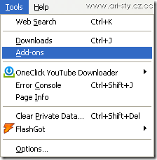 Klik Tools dan Add-ons pada Firefox untuk menonaktifkan Add-on pada Firefox