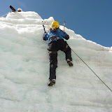 Dee nails the vertical ice face ascent