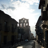 Sun flooding though the bell tower near our hostel