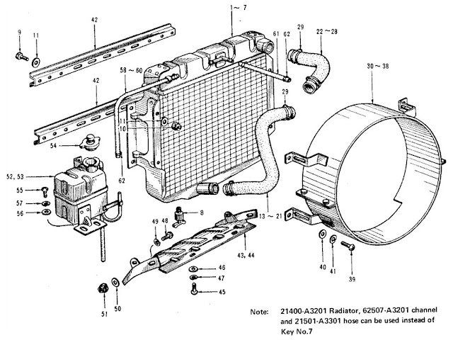 Datsun Fairlady Parts illustration no. 016-1 Radiator (1965-69) (To C/# SP311-05000, SPL311-25000, SR311-04000, SRL-08000)