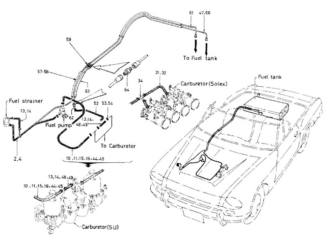 Datsun Fairlady Parts illustration no. 011A-2 Fuel Piping From Oct.-'67