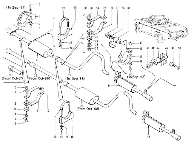 Datsun Fairlady Parts illustration no. 014A-1 Exhaust Tube & Muffler (1967.5-1970) (From C/# SP311-03001, SPL311-17001, SR311-00008, SRL311-00070)