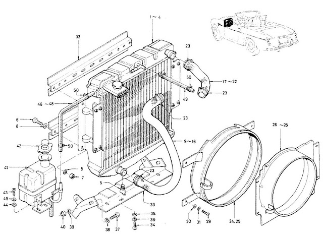 Datsun Fairlady Parts illustration no. 016A-1 Radiator (1969-70) (From C/# SP311-05001, SPL311-25001, SR311-04001, SRL311-05001)