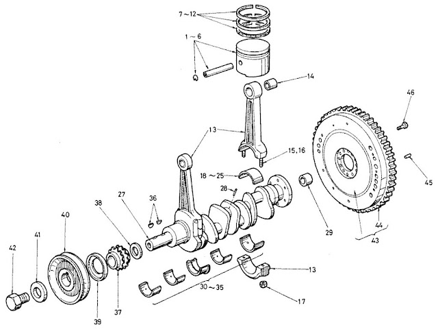 Datsun Fairlady Parts illustration no. 003A-1 Piston & Crankshaft 2000 (U20)