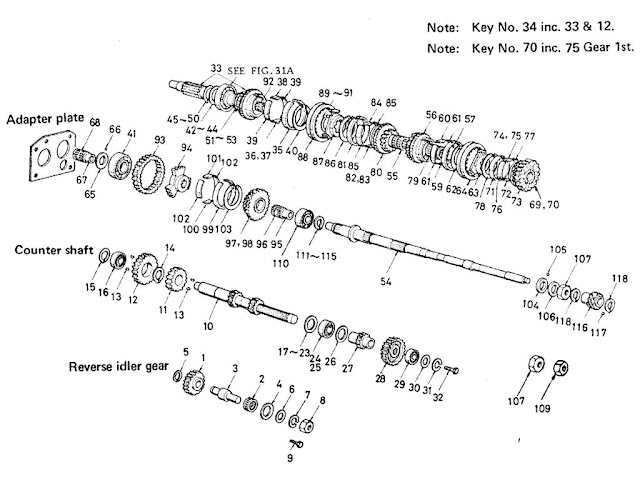 Datsun Fairlady Parts illustration no. 032B-1 Transmission Shaft & Gear 2000 (U20) (Servo Synchro Type)