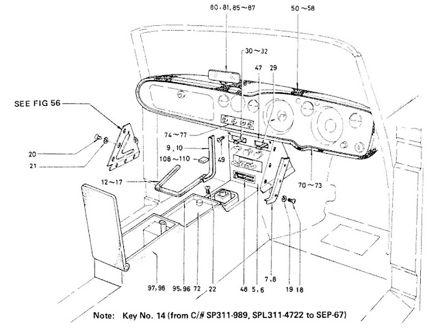Datsun Fairlady Parts illustration no. 056A-1 Instrument & Console Fitting (1965-67.5)