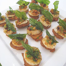 Seared Scallops with Fried Shiitakes and a Sweet Relish Served with Lemon Basil Oil