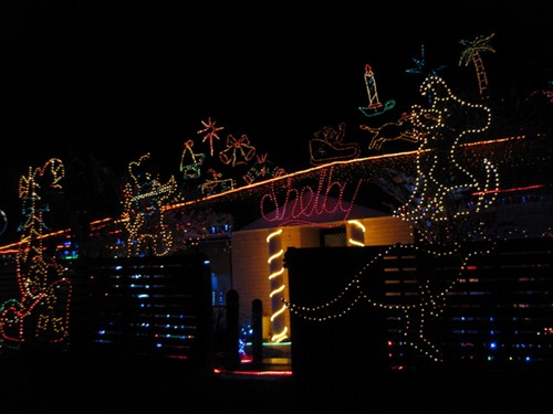 xmas lights on house, inc the word 'shelby', palm trees and a kangaroo