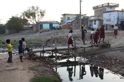 Children Of Bodh Gaya Cross Polluted Stream