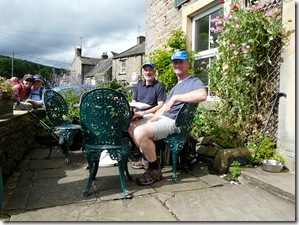 Cuppa time outside the (closed) Muker tearooms