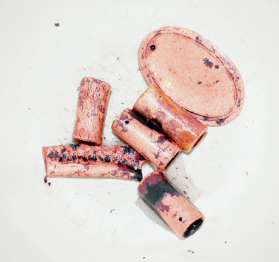 Copper pieces after kiln firing and quenching (pieces by Sherry Cordova and Pat Accorinti)