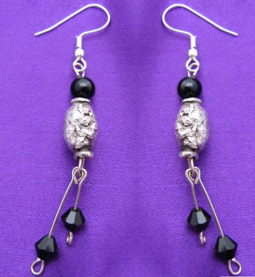 PMC handmade fine silver artisan earrings with black onyx beads and swarovski crystals