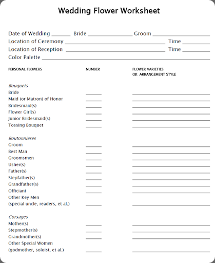 Wedding flower worksheet