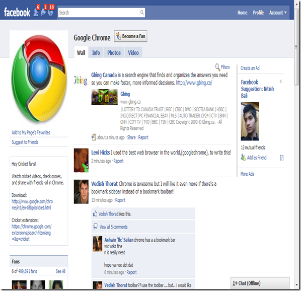 Facebook page of google chrome!