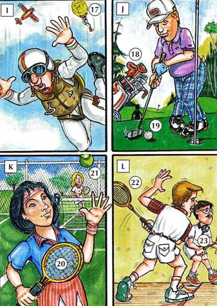 I. skydiving 17. parachute J. golf 18. golf clubs 19. golf ball K. tennis 20. tennis racquet 21. tennis ball L. squash 22. squash racquet 23. squash ball INDIVIDUAL%20SPORTS%20AND%20RECREATION 3 Individual sports Recreation english through pictures people english through pictures
