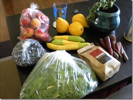 Starting form the lower right: Dragin carrtos, Brioso coffee, swiss Chard, blueberries, peaches, pattypan squash and Zeyphers in the middle.