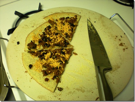 This is the pizza we made with the last of the naked burrito filling and some Daiya cheese. It was super delicious.