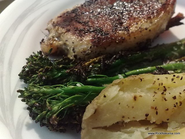 www.RickNakama.com Grilled Pork Tenderloin with Broccolini drizzled with Browned Goat's Milk Butter & Mizithra Cheese