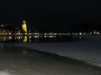 Snow on a small lake in the center of Eskilstuna