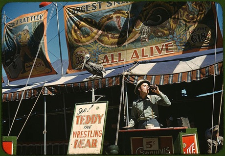 Barker at the grounds at the state fair. Rutland, Vermont, September 1941. Reproduction from color slide. Photo by Jack Delano. Prints and Photographs Division, Library of Congress