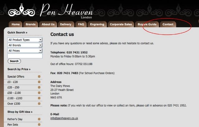 penheaven.com contact page