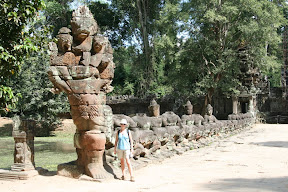 Each temple typically has an entrance with a row of 54 demons on one side, and a row of 54 gods on the other, busy churning the ocean of milk.