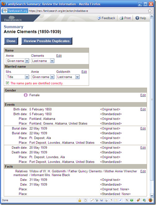 Review evidence summary: Angeline death certificate