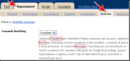 come impostare contenuto feed blogger