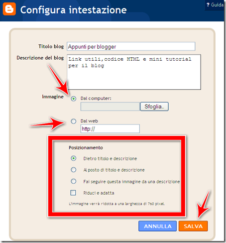 come inserire immagine foto header intestazione blogger