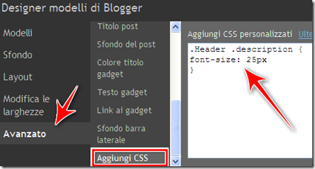 come fare più grande testo scritta header descrizione blog blogger