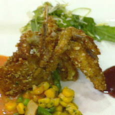 Soft Shell Crabs with Corn Relish, Field Greens and Roasted Red Pepper Sauce