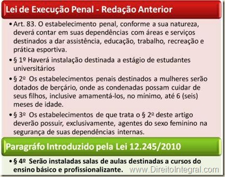 Lei 12245/2010. Salas de Aulas nos Presídios. Altera a Lei de Execução Penal.