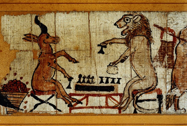 The lion and the gazelle playing chess or similar in a Ramesside topsy-turvy world papyrus <a href='http://www.britishmuseum.org/research/search_the_collection_database/search_object_details.aspx?objectid=117404&partid=1&searchText=topsy+turvy+world&numpages=10&orig=%2fresearch%2fsearch_the_collection_database.aspx&currentPage=1'>from the British Museum</a>