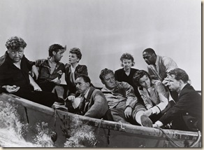 ÒLifeboatÓ (1944) received Academy Award nominations for Black-and-White Cinematography (Glen MacWilliams), Directing (Hitchcock) and Writing Ð Original Motion Picture Story (John Steinbeck).  The film is set entirely on a lifeboat during WWII and stars Tallulah Bankhead, William Bendix, Walter Slezak and John Hodiak.Pictured here seated in boat set from left to right: Walter Slezak, John Hodiak, Tallulah Bankhead, Henry Hull, William Bendix, Heather Angel, Mary Anderson, Canada Lee, and Hume Cronyn in a scene from ÒLifeboat.Ó