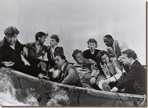 ÒLifeboatÓ (1944) received Academy Award nominations for Black-and-White Cinematography (Glen MacWilliams), Directing (Hitchcock) and Writing Ð Original Motion Picture Story (John Steinbeck). The film is set entirely on a lifeboat during WWII and stars Tallulah Bankhead, William Bendix, Walter Slezak and John Hodiak.Pictured here seated in boat set from left to right: Walter Slezak, John Hodiak, Tallulah Bankhead, Henry Hull, William Bendix, Heather Angel, Mary Anderson, Canada Lee, and Hume Cronyn in a scene from ÒLifeboat.Ó ÒLifeboatÓ (1944) received Academy Award nominations for Black-and-White Cinematography (Glen MacWilliams), Directing (Hitchcock) and Writing Ð Original Motion Picture Story (John Steinbeck). The film is set entirely on a lifeboat during WWII and stars Tallulah Bankhead, William Bendix, Walter Slezak and John Hodiak.Pictured here seated in boat set from left to right: Walter Slezak, John Hodiak, Tallulah Bankhead, Henry Hull, William Bendix, Heather Angel, Mary Anderson, Canada Lee, and Hume Cronyn in a scene from ÒLifeboat.Ó
