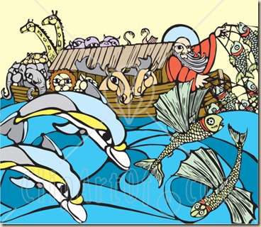 44881-Royalty-Free-RF-Clipart-Illustration-Of-A-Man-And-Pairs-Of-Animals-Crowded-On-Noahs-Ark